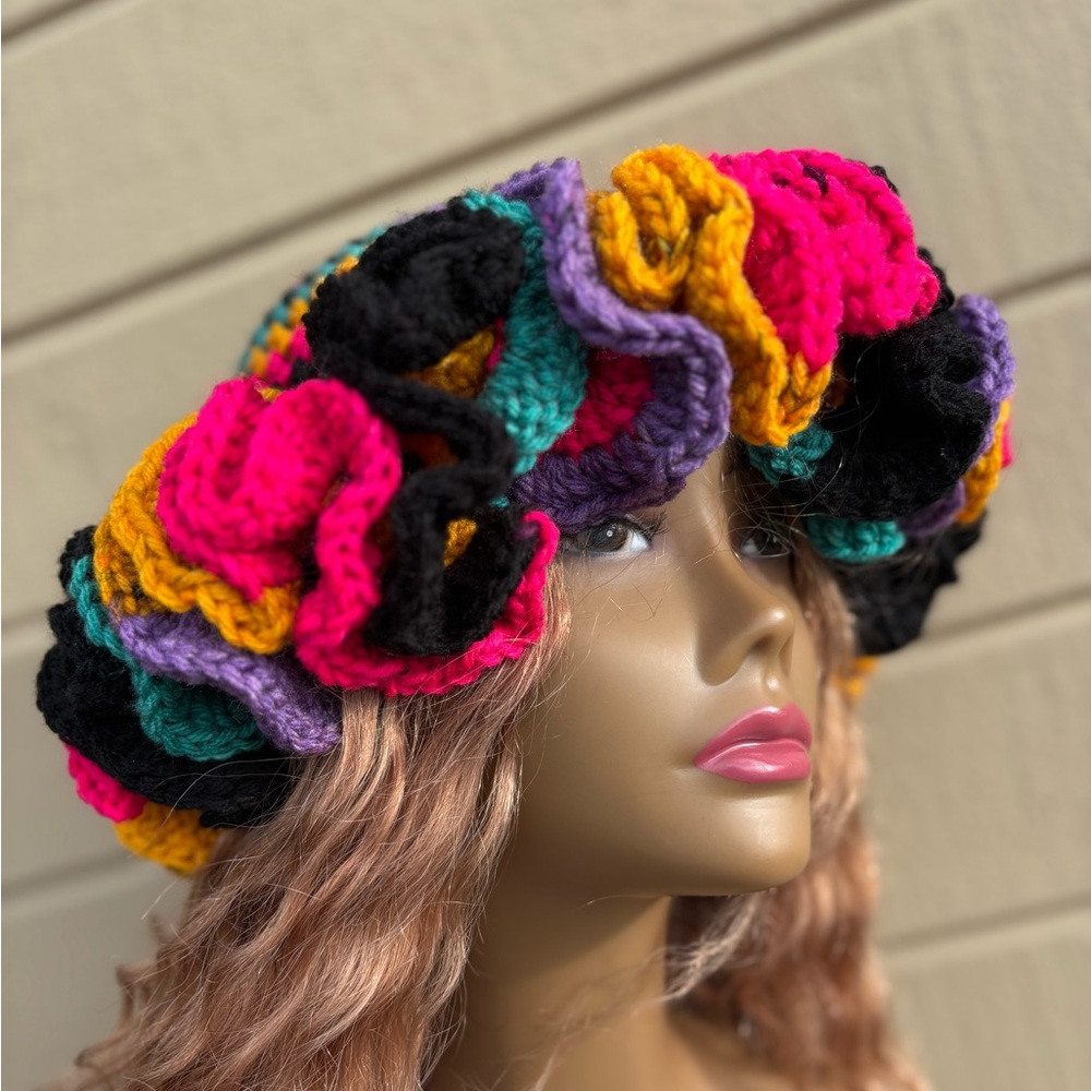 Handmade Colorful Crochet Ruffle Hat - Picture 3 of 5